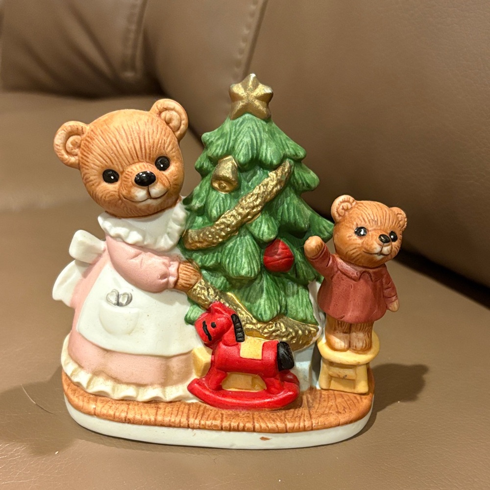 Homco Holiday Bear Figurine with Green Tree and Red Accents